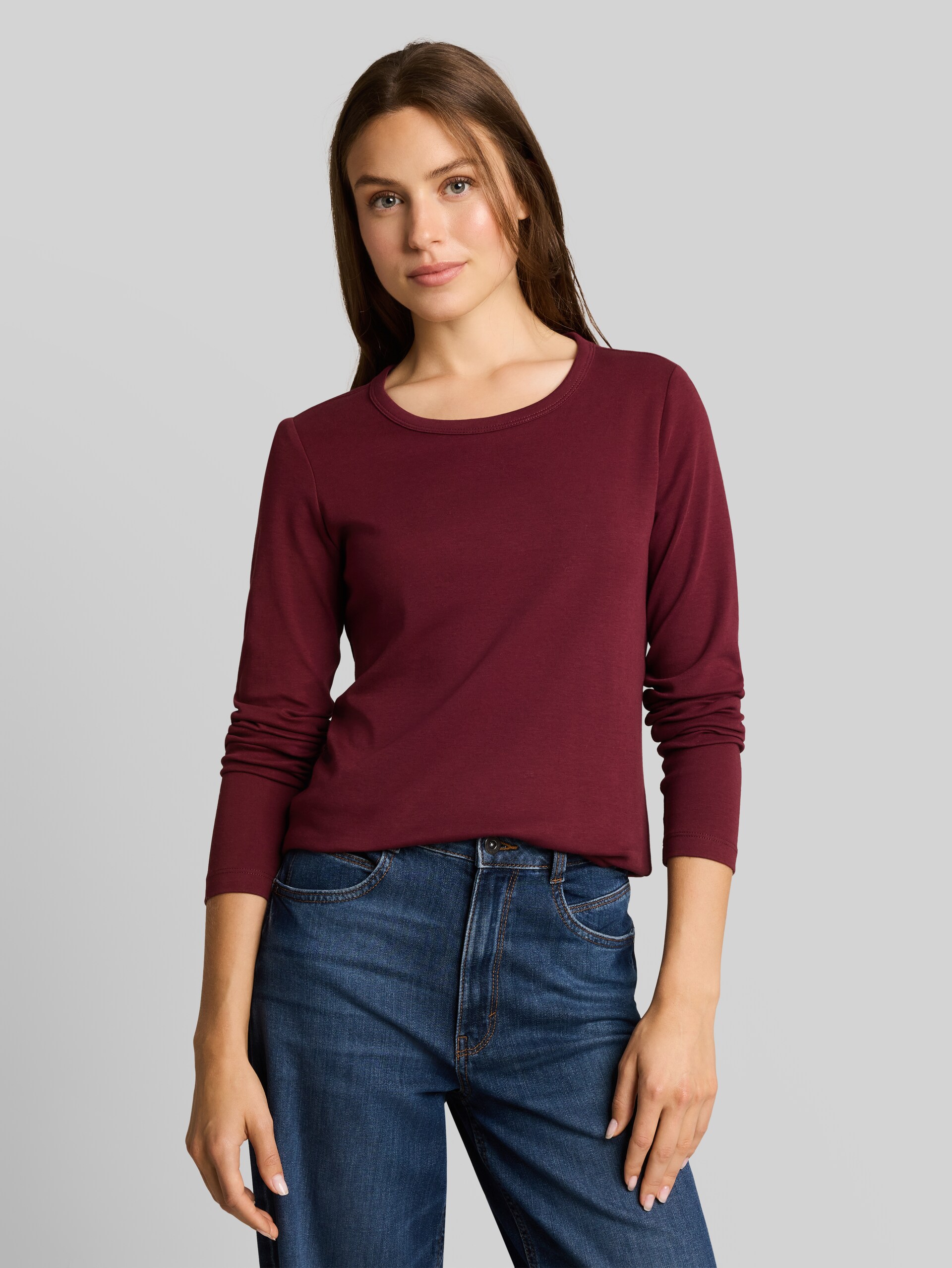 Basic katoenen shirt met lange mouwen - Preppy Plum - Nek model vooraanzicht