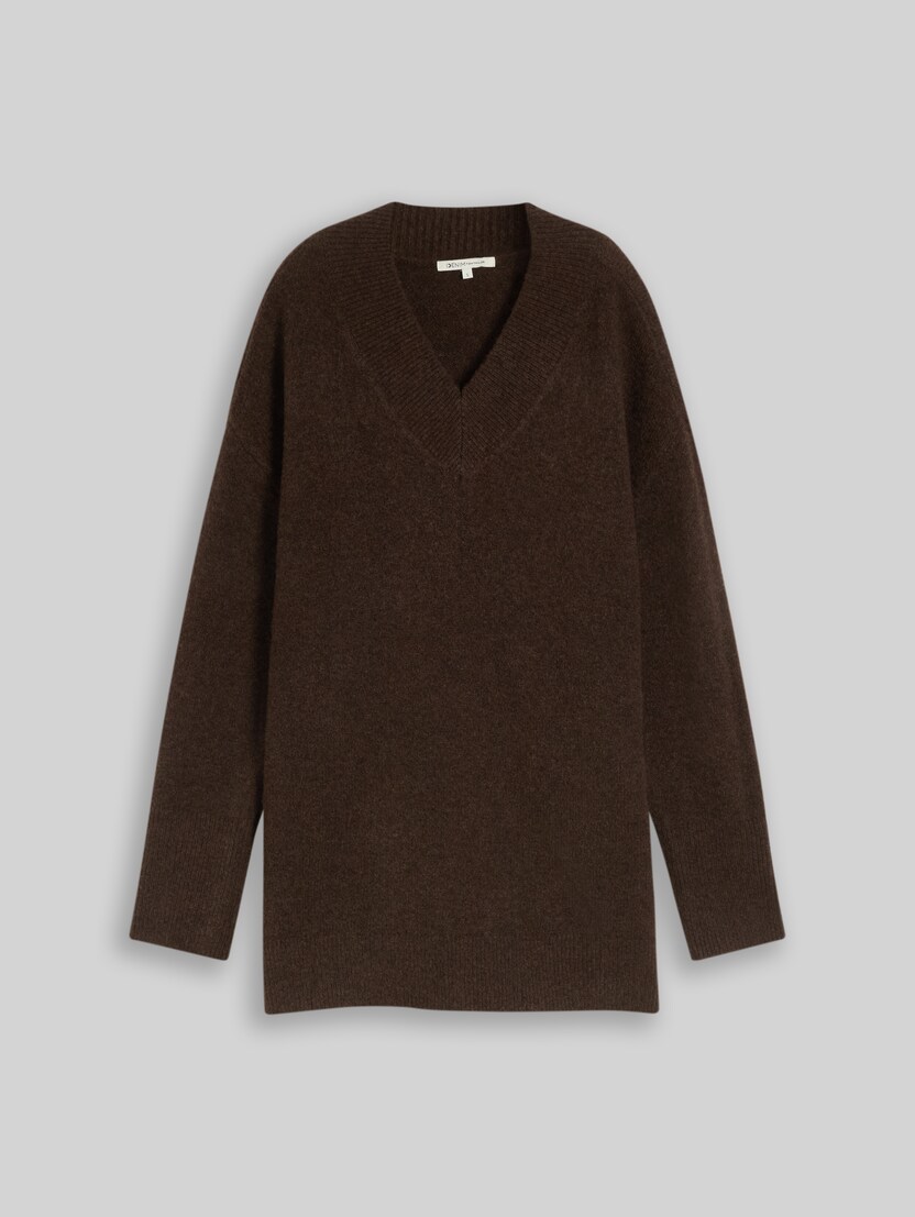 Pull-over long en maille avec partie en laine par Denim Female, cool dark brown melange