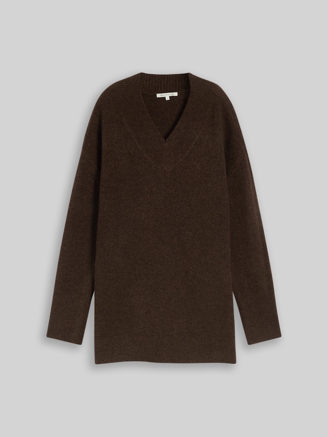 Pull-over long en maille avec partie en laine par Denim Female, cool dark brown melange