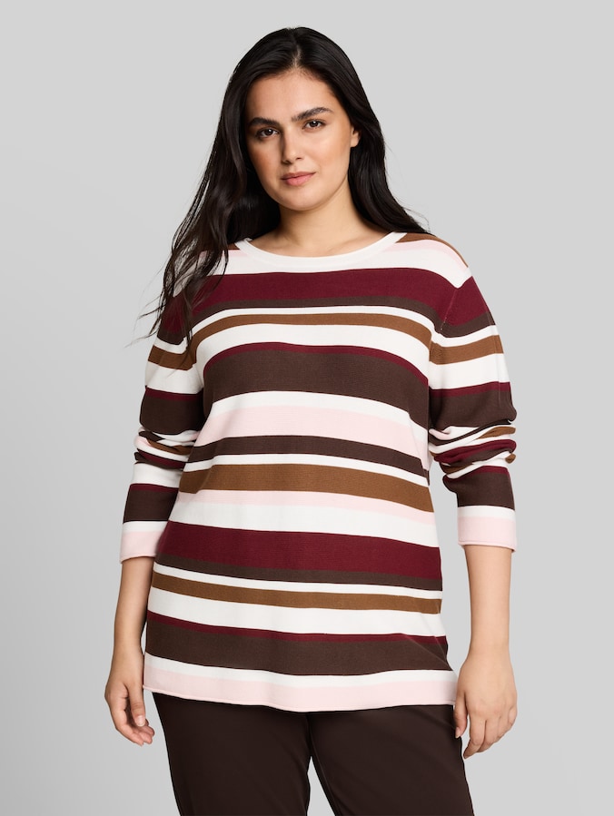 Plus Size - Strickpullover aus Baumwolle von Women Plus Size, camel brown red stripe