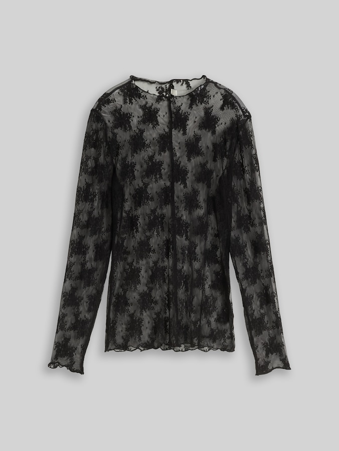 Slim Fit Langarmshirt aus Spitze von Denim Female, deep black