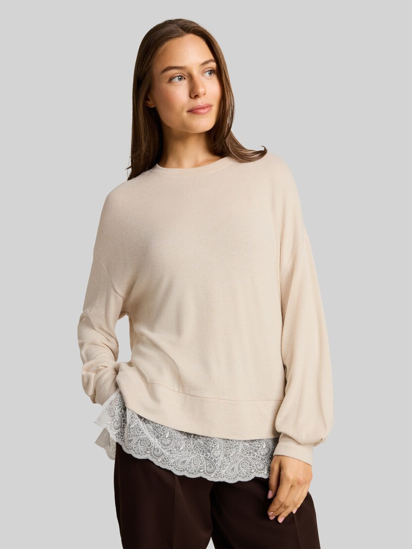 Cosy Langarmshirt mit Spitze von Women, whisper offwhite melange