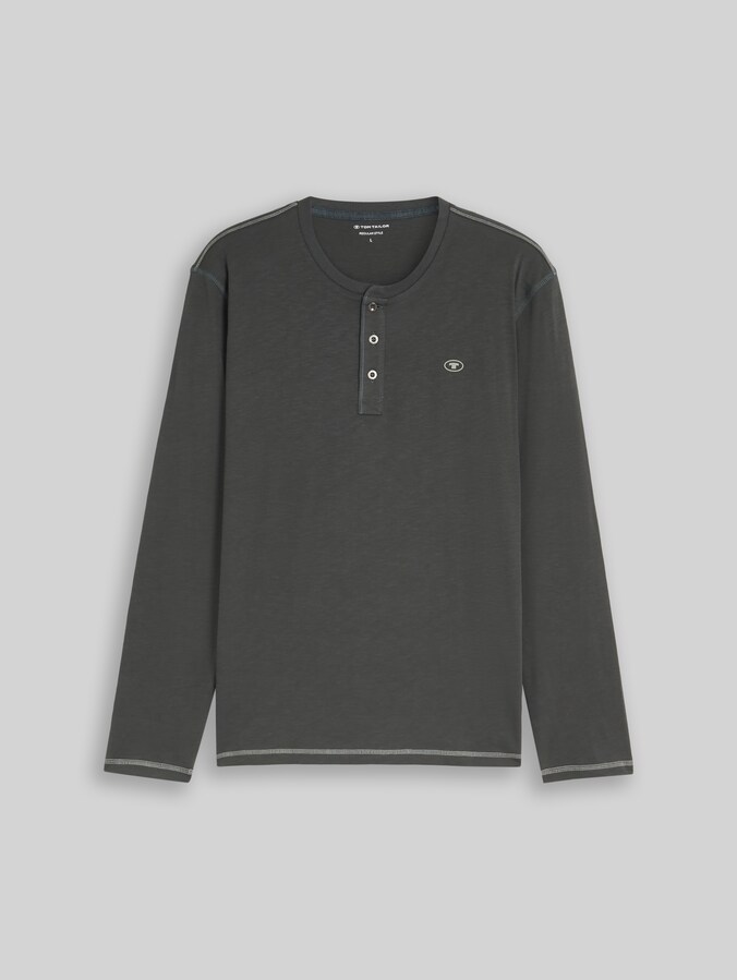 Henley-shirt met lange mouwen van katoen door Men, Darkest Olive