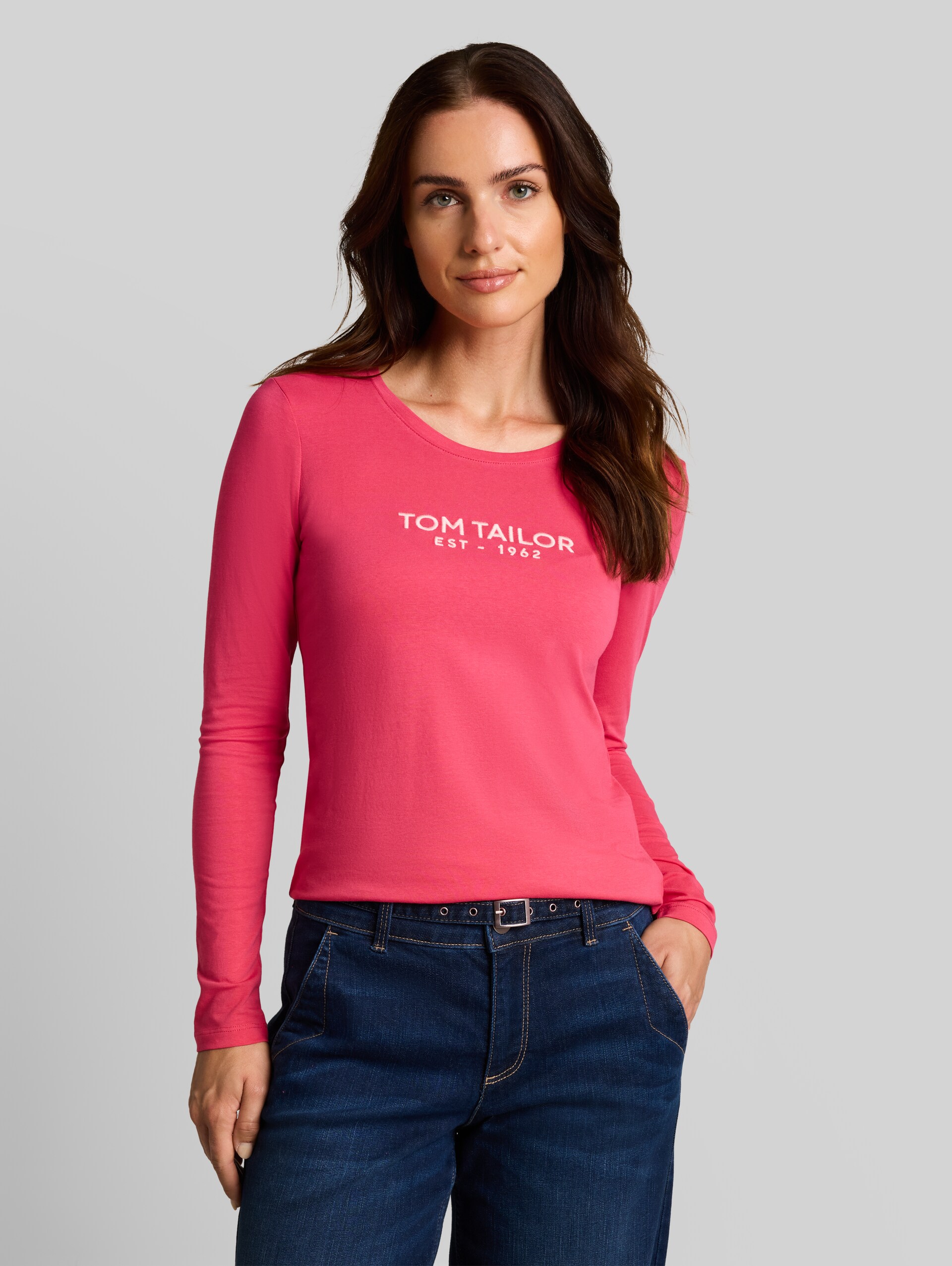 T-shirt met lange mouwen en logo-print - rose pink - Nek model vooraanzicht