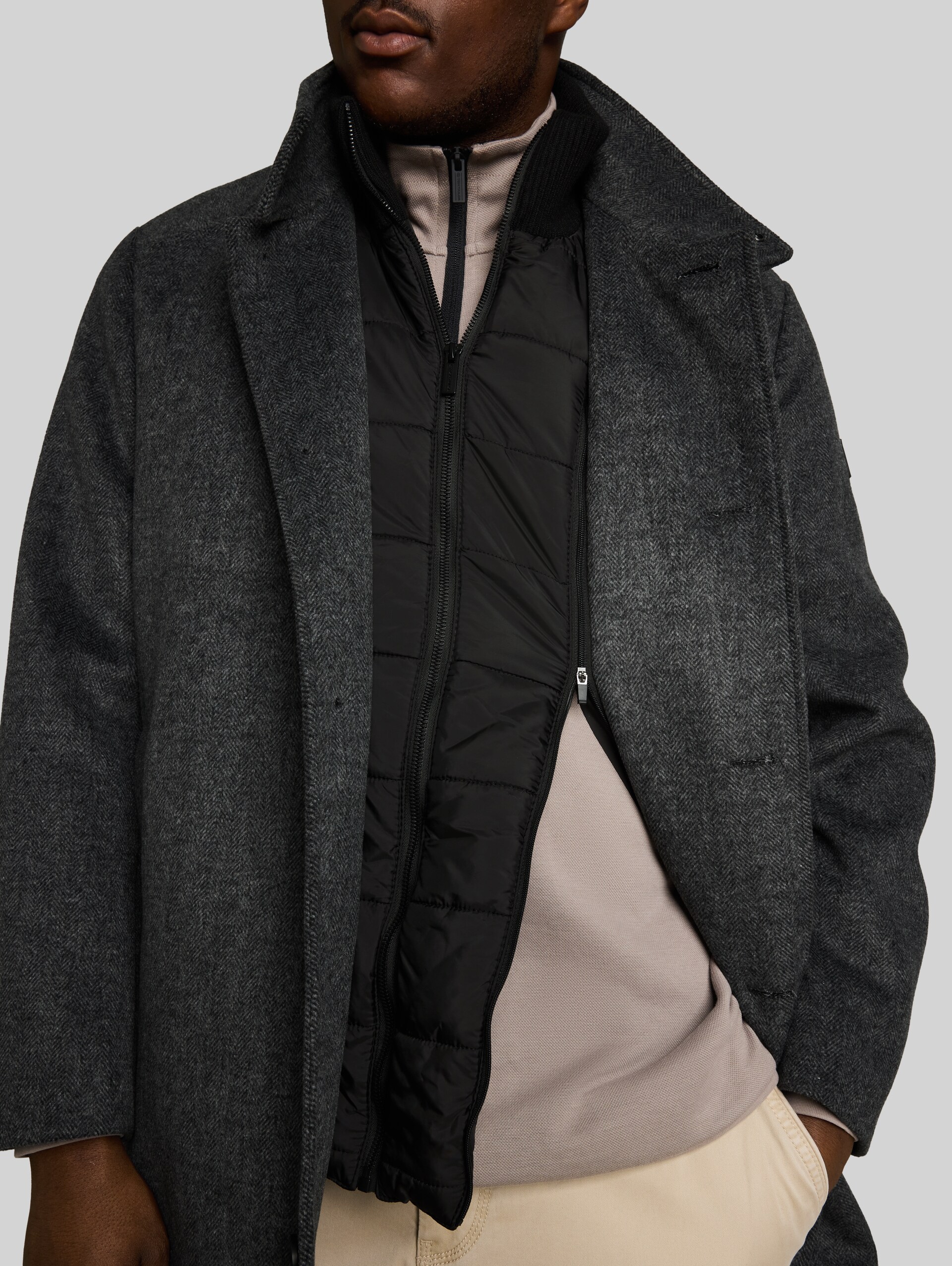 Plus Size - 2-in-1 Wollmantel mit abnehmbarem Einsatz - dark grey black herringbone