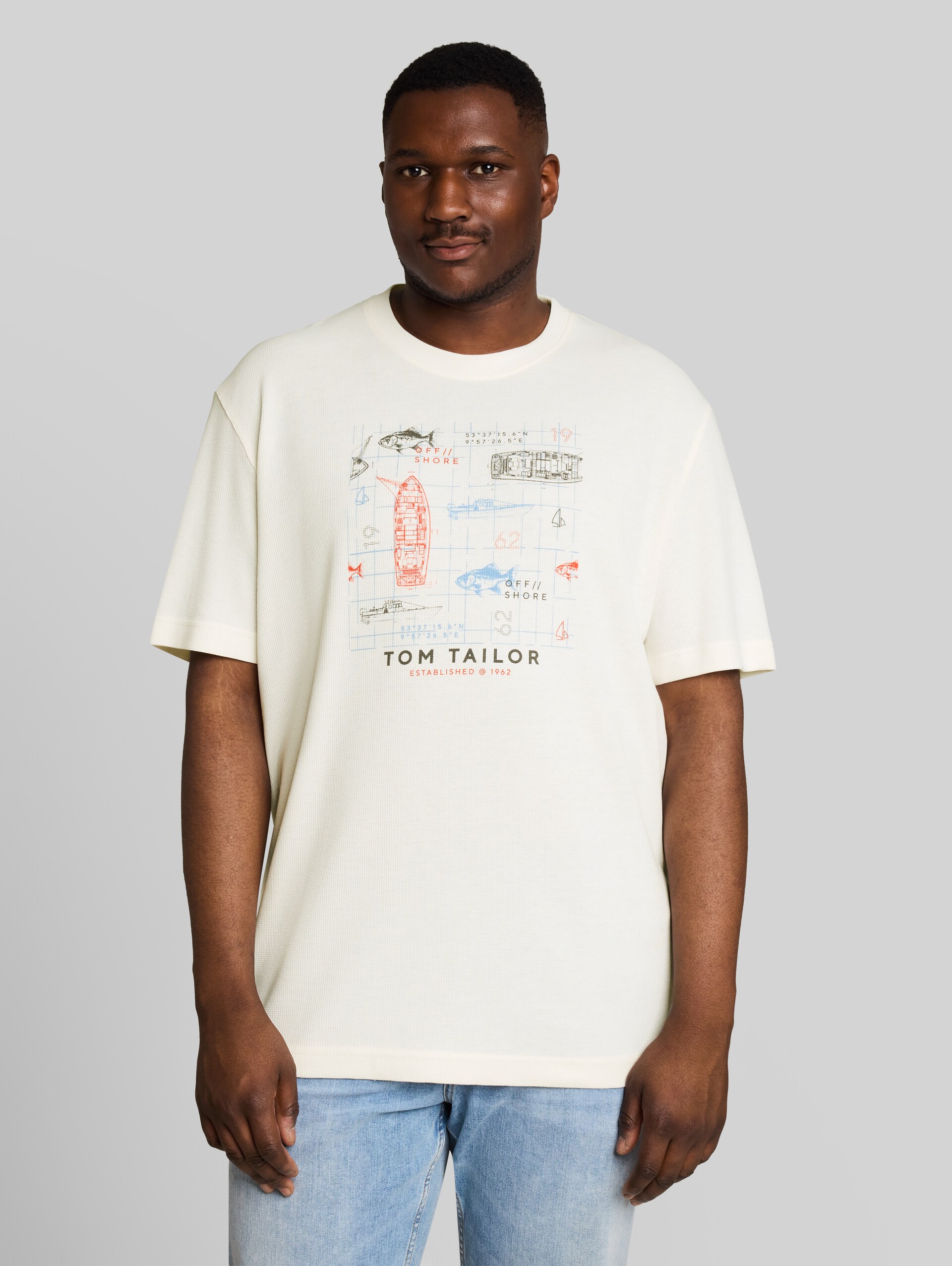 Plus Size - T-shirt met wafelstructuur - Gardenia White - Nek model vooraanzicht
