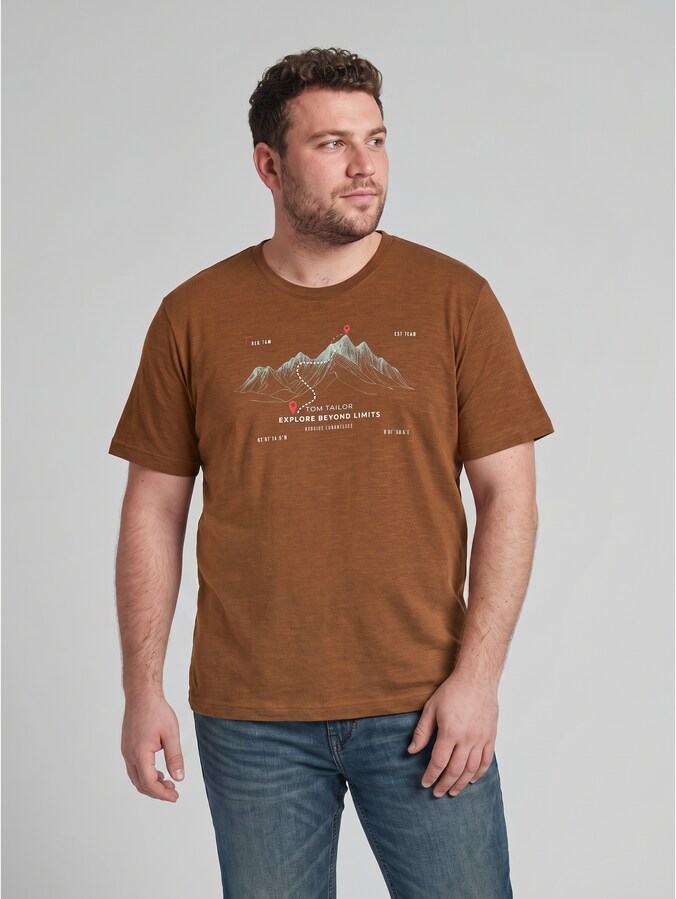 Plus Size - T-shirt met print door Men Plus Size, brown olive injected stripe