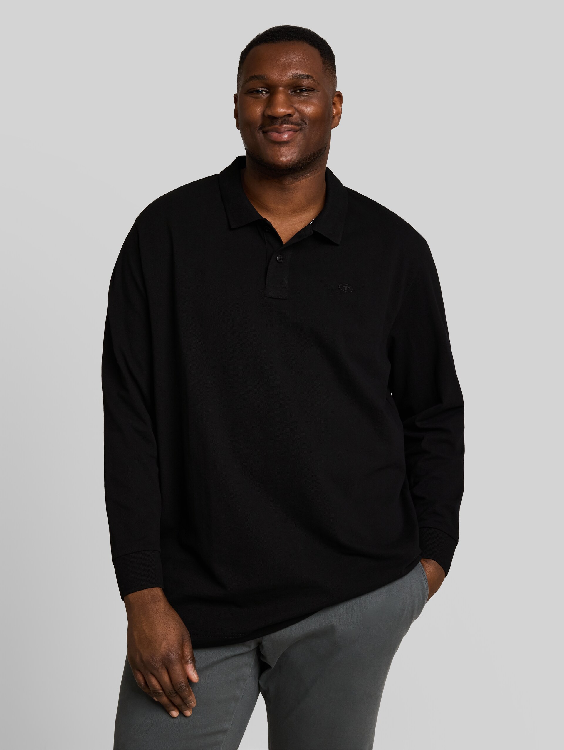 Plus Size - Langarm Piqué Poloshirt - Black