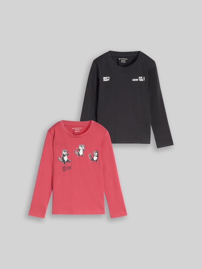 Langarmshirt mit Print im 2er-Pack von Mini Boys, Berry Red