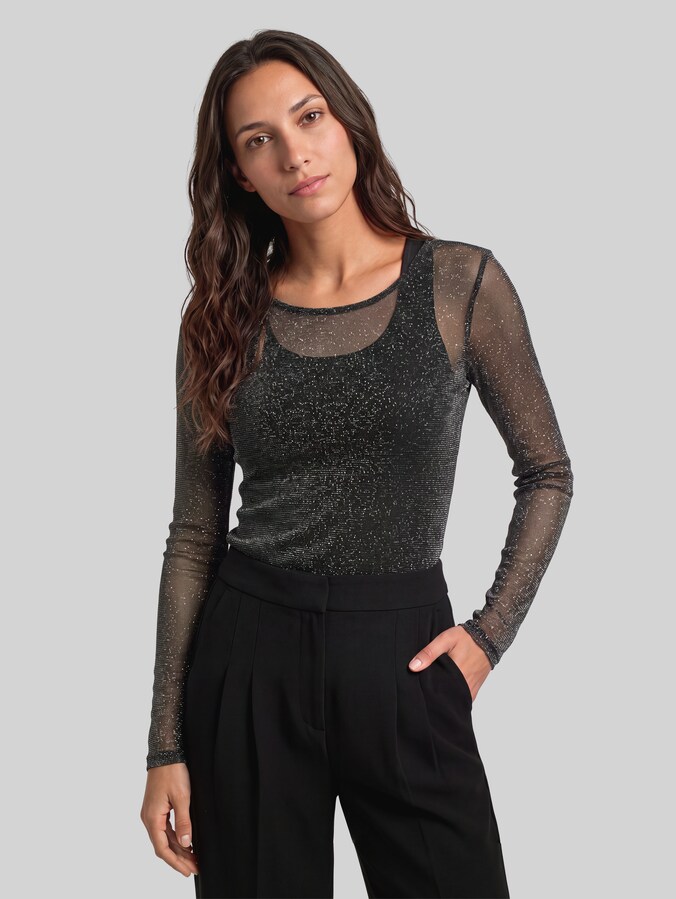 Mesh long-sleeved top with glitter effect by Denim Female, black with silver