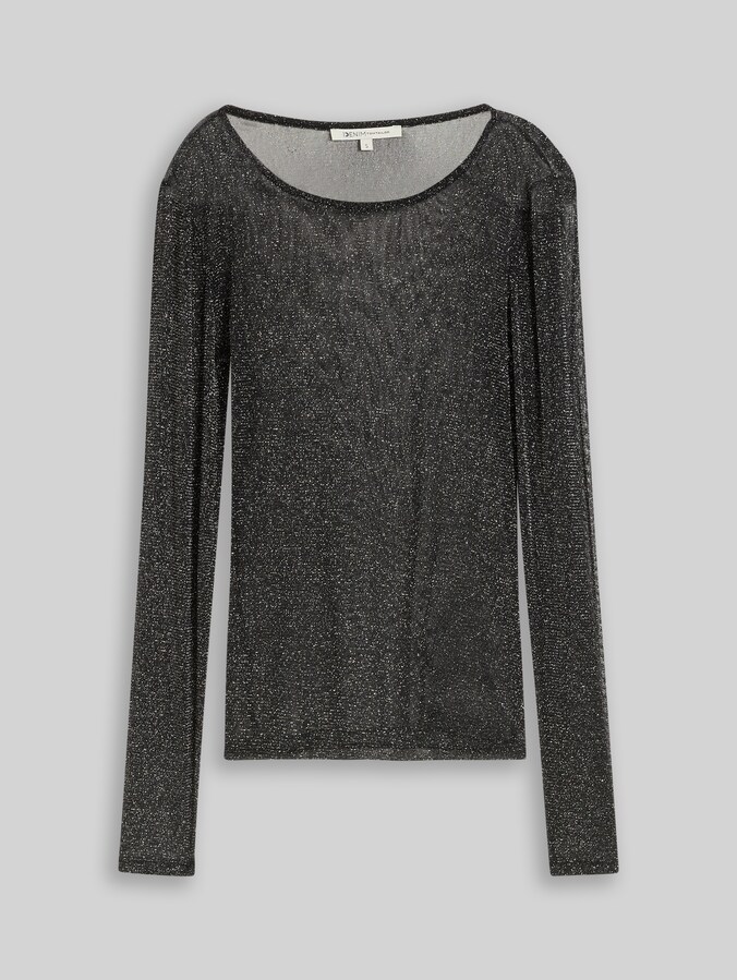 Mesh-shirt met lange mouwen en glittereffect door Denim Female, black with silver