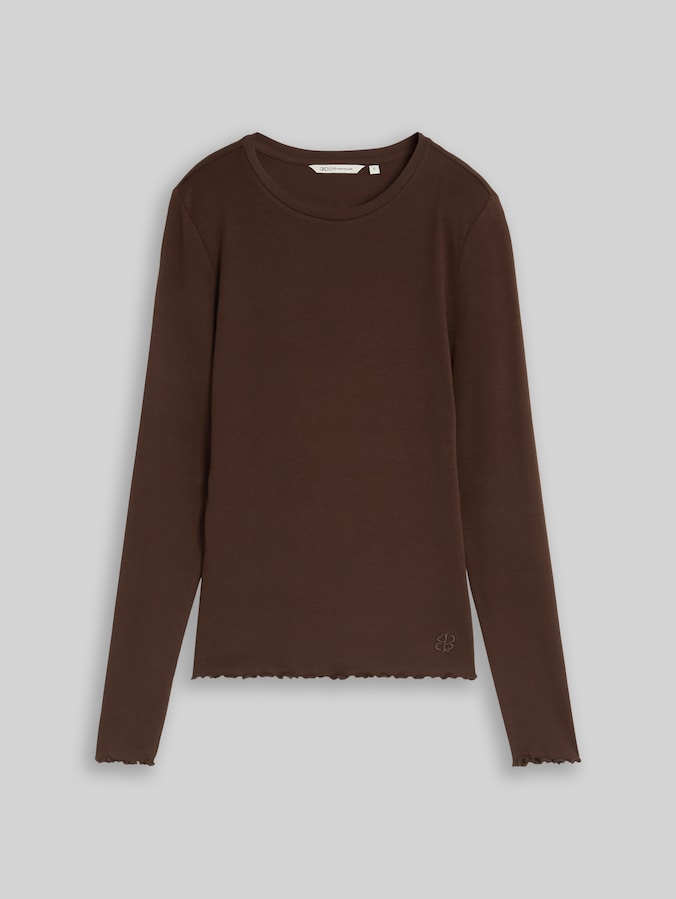 Slim fit T-shirt met lange mouwen en golvende zomen door Denim Female, cool dark brown