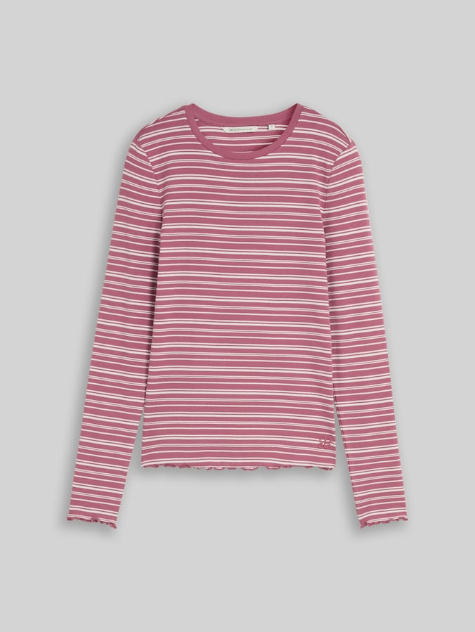 Slim Fit Langarmshirt mit gewellten Saumkanten von Denim Female, berry white irregular stripe
