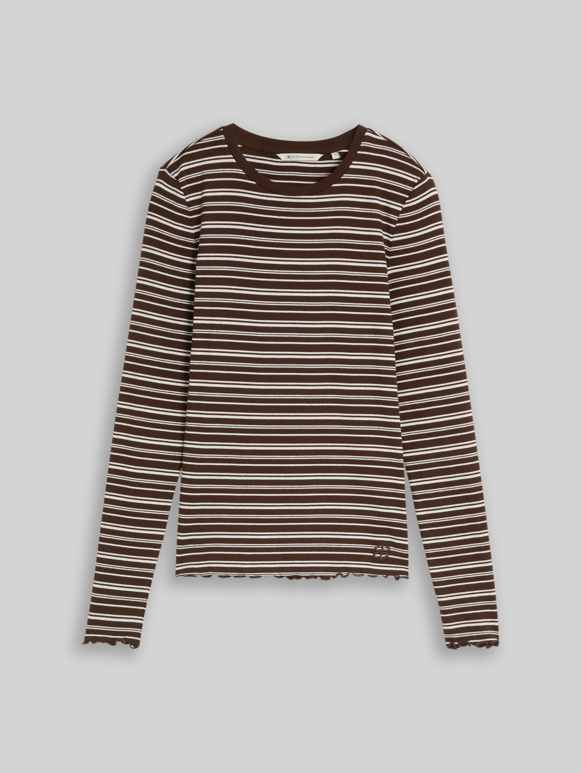 Slim Fit Langarmshirt mit gewellten Saumkanten - brown white irregular stripe - Vorder-Produkt-Ansicht