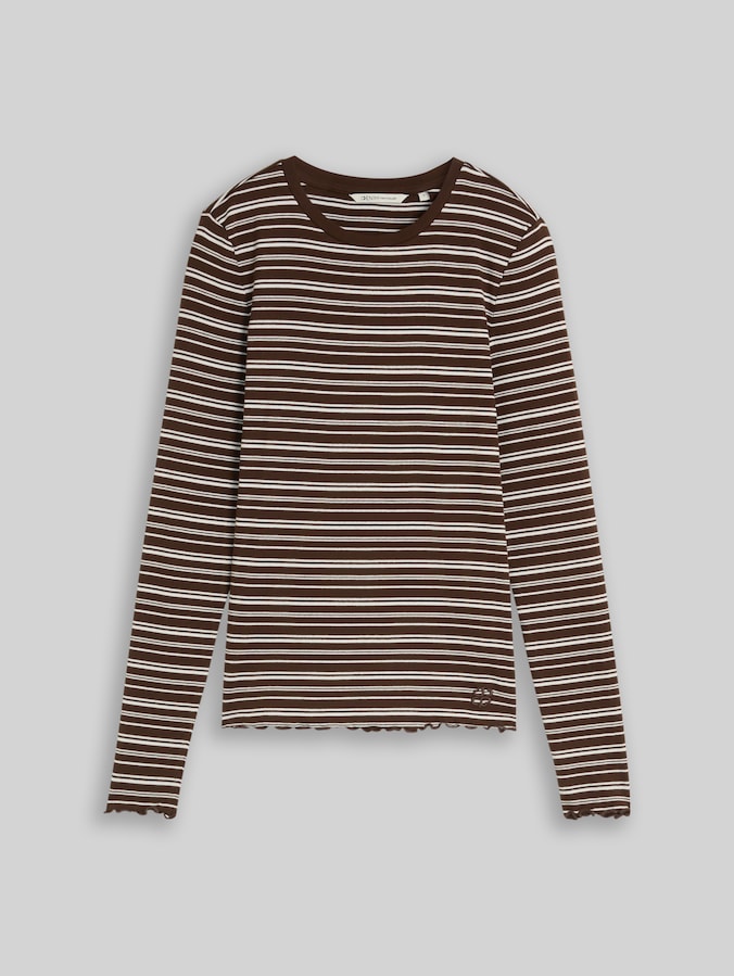 Slim Fit Langarmshirt mit gewellten Saumkanten von Denim Female, brown white irregular stripe