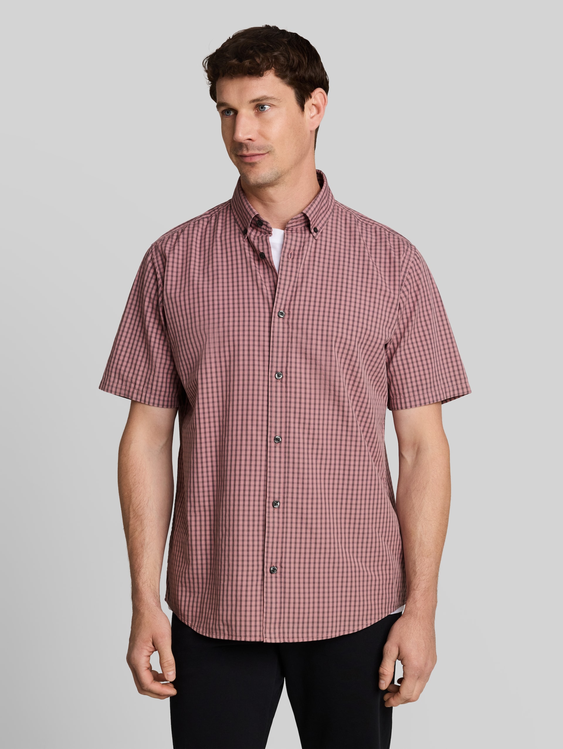 Regular fit overhemd met korte mouwen en ruitpatroon - dusty rose check - Nek model vooraanzicht