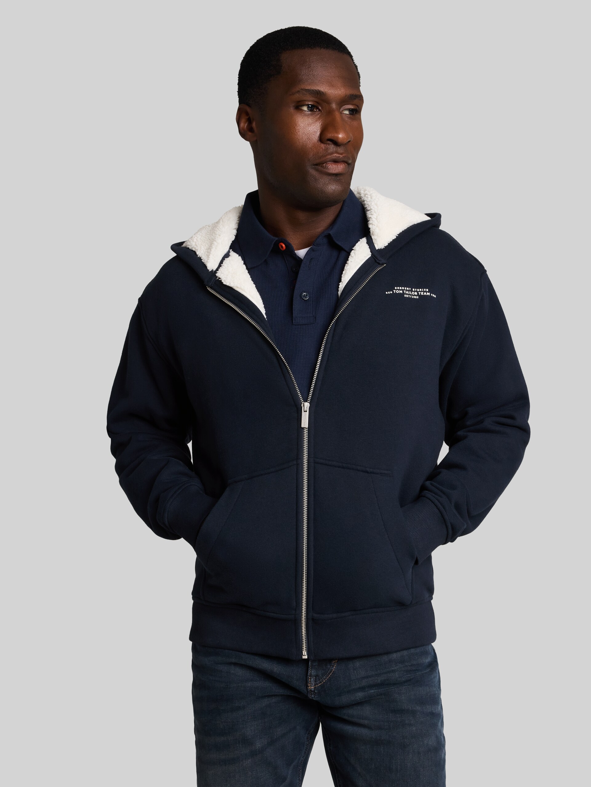 Veste sweat à capuche doublée avec logo imprimé - sky captain blue - Découpe Vue de face du modèle