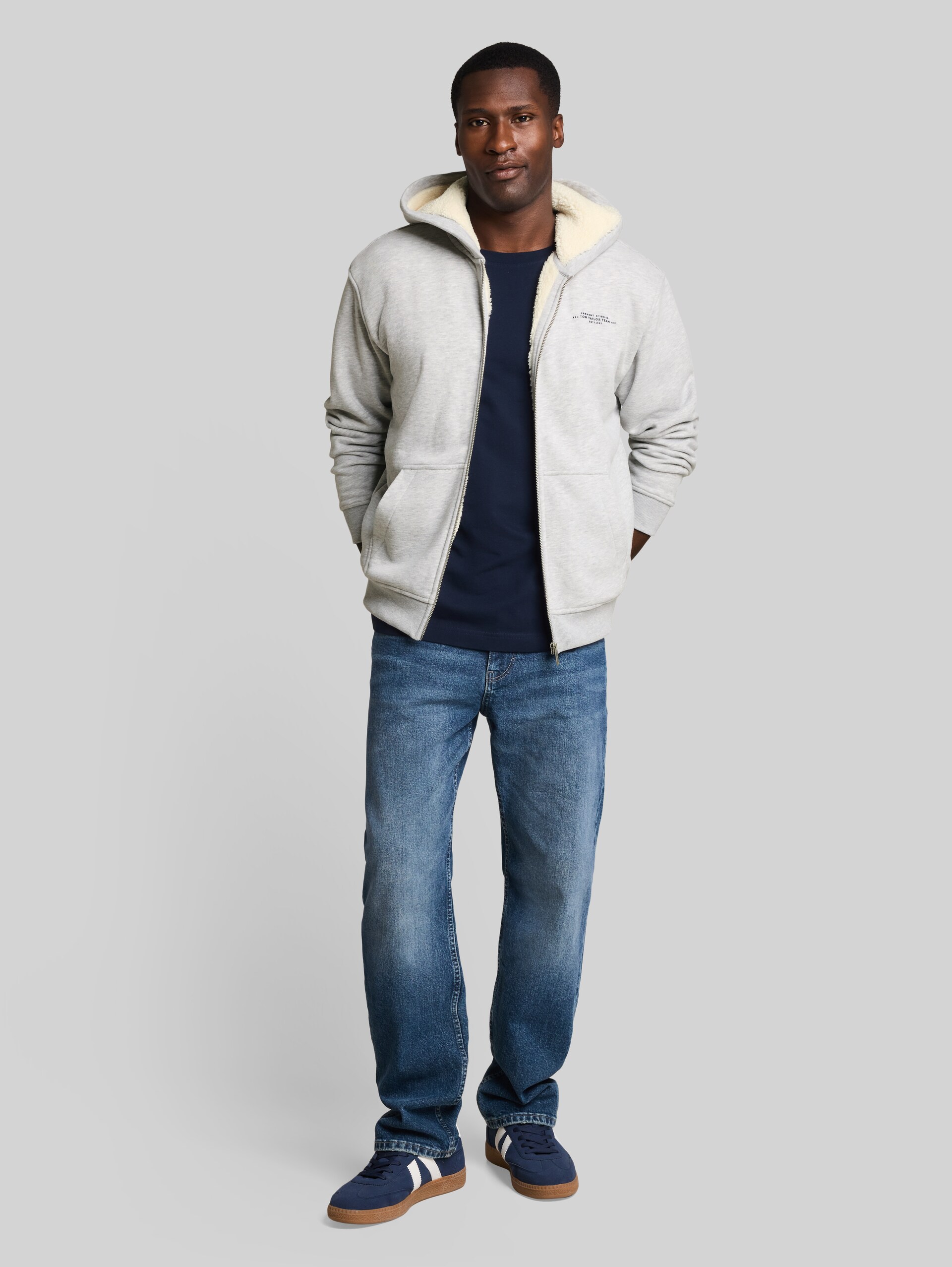 Veste sweat à capuche doublée avec logo imprimé - Light Stone Grey Melange - Vue de face du modèle