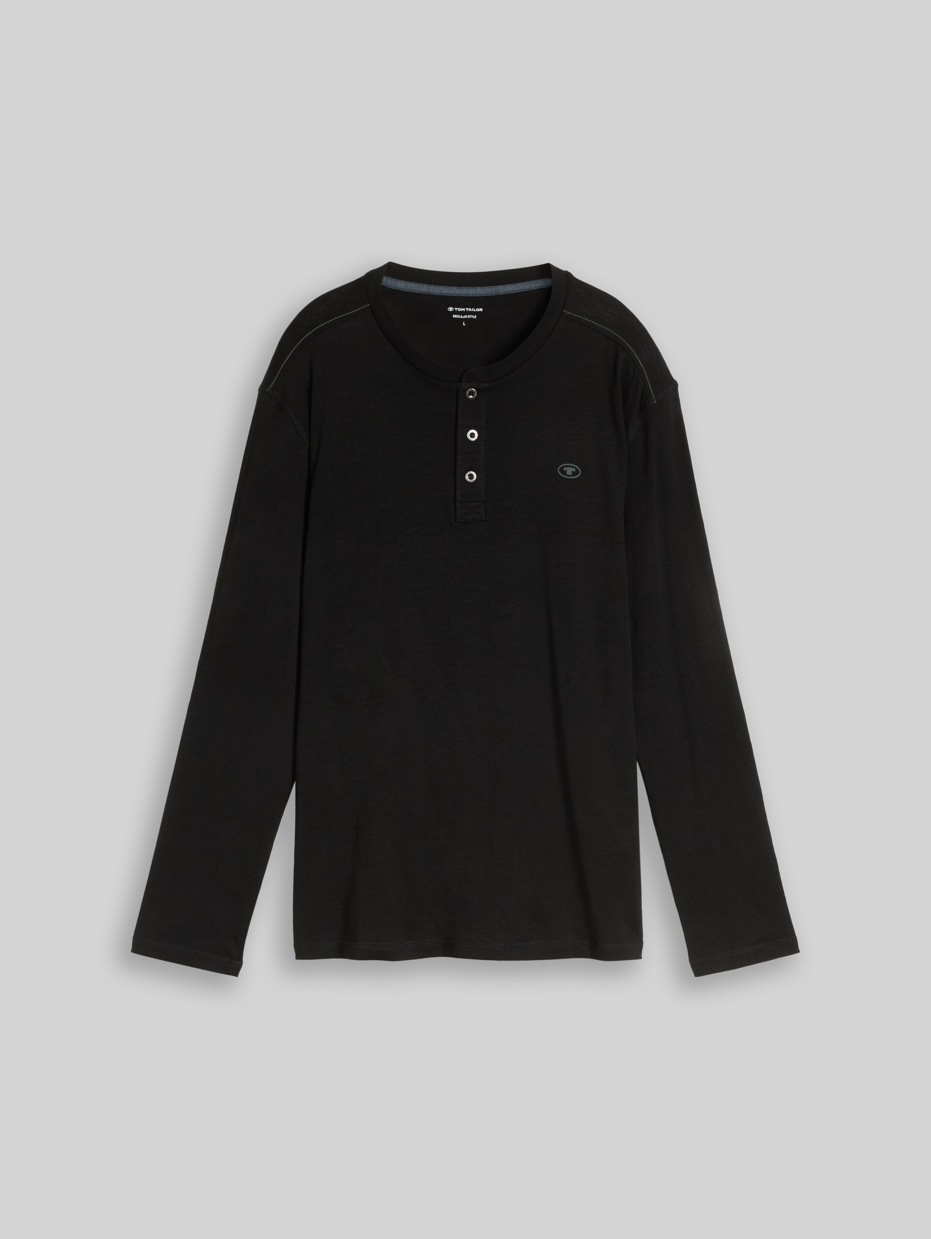 Henley Langarmshirt mit Logo-Print - Black - Vorder-Produkt-Ansicht