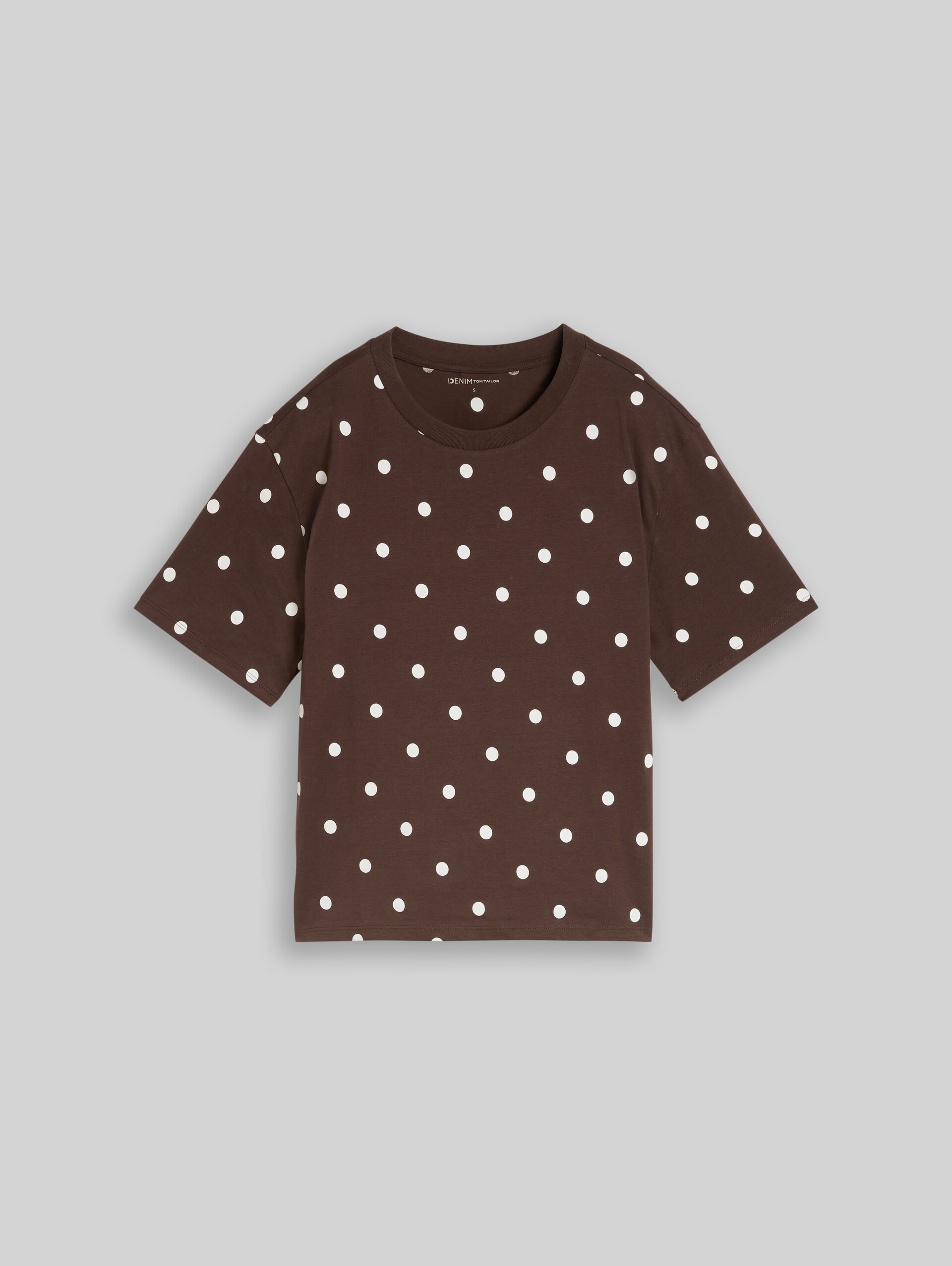 T-shirt met stippen in boxy pasvorm - dark brown white dot - Product vooraanzicht
