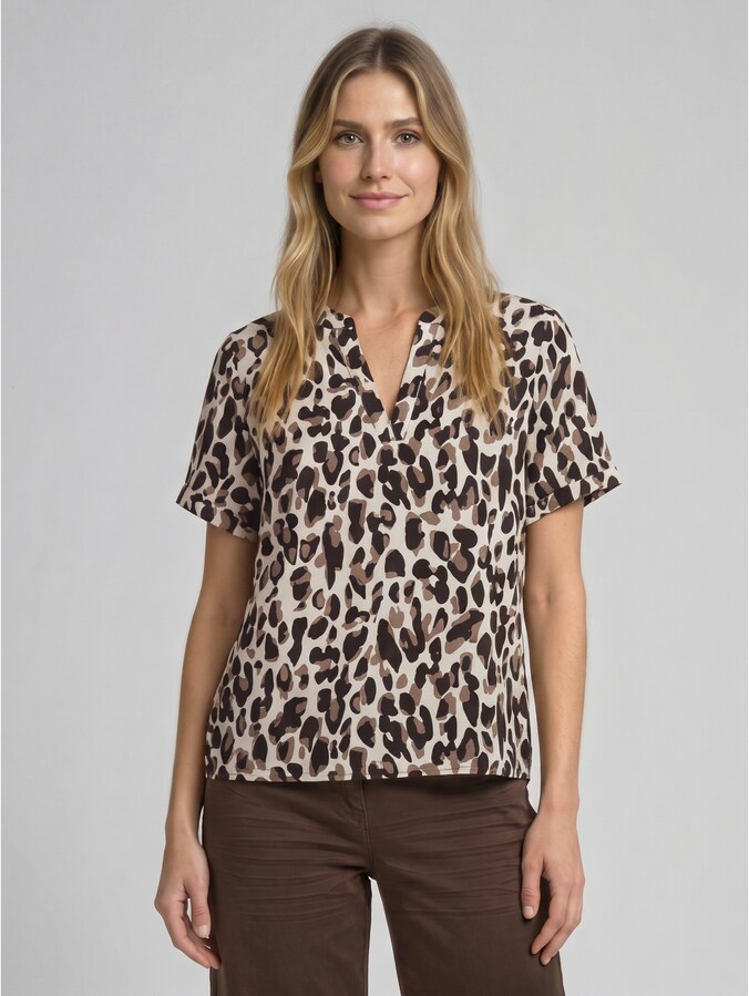 Loose Fit Bluse mit V-Ausschnitt von Women, brown beige leo print
