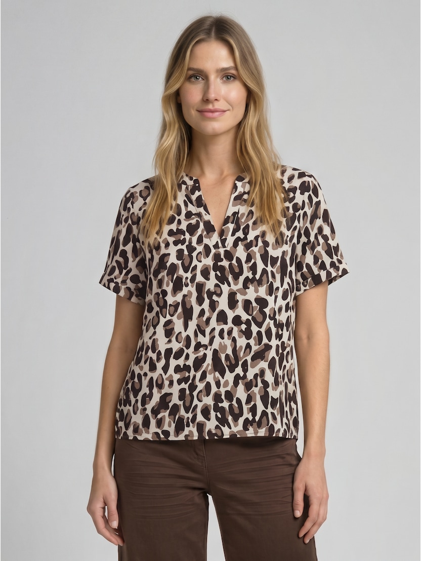 Loose Fit Bluse mit V-Ausschnitt von Women, brown beige leo print