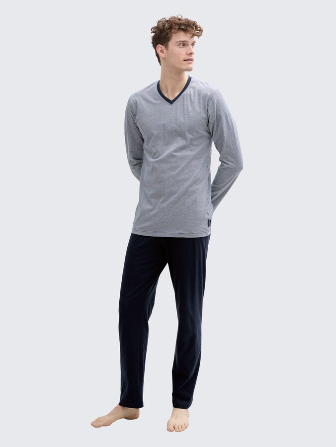 Cotton pyjama set by Men, blue-dark-horizontal stripe
