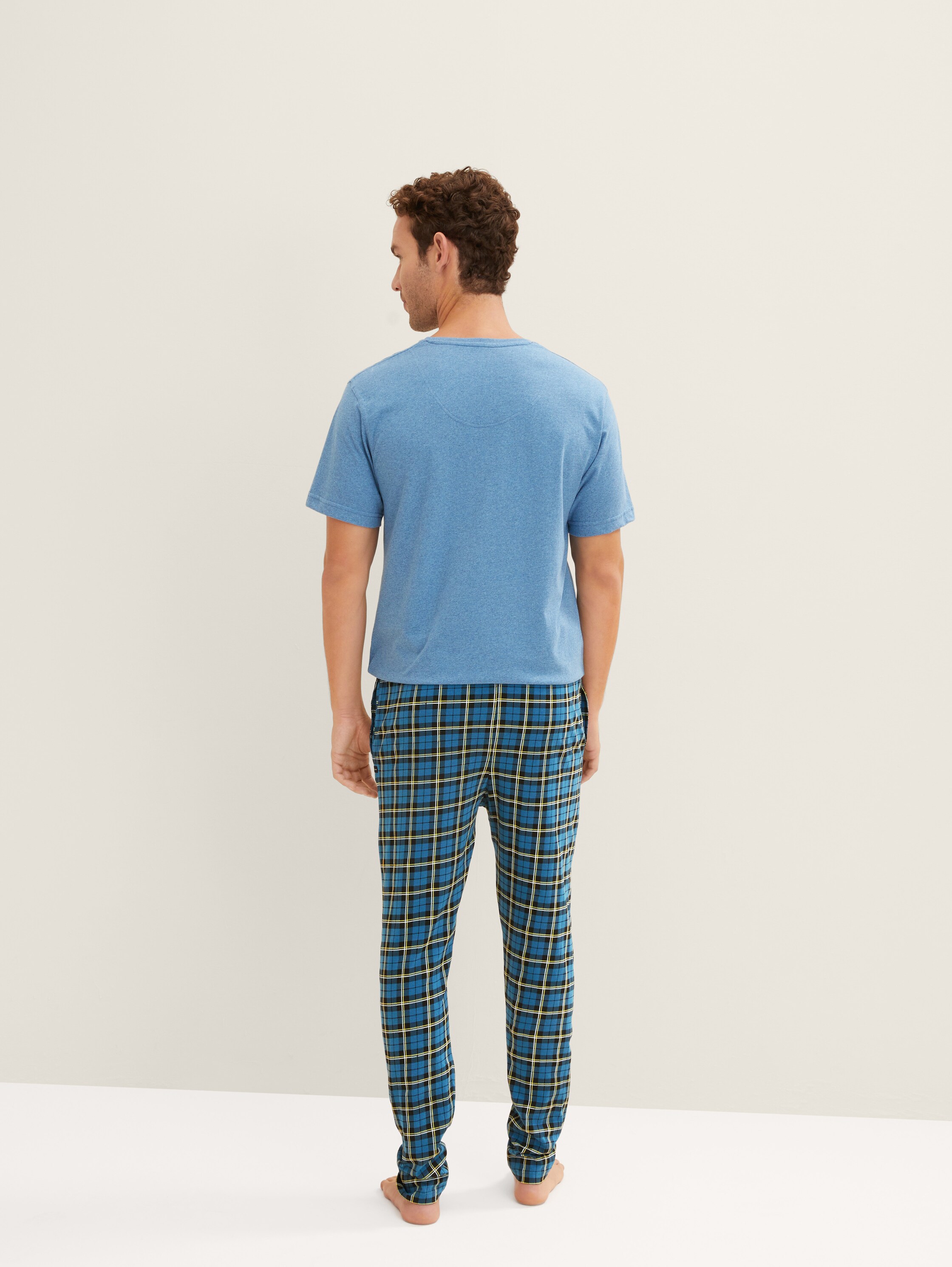 Checked pyjama trousers - blue-medium-check - Neckline model-back view