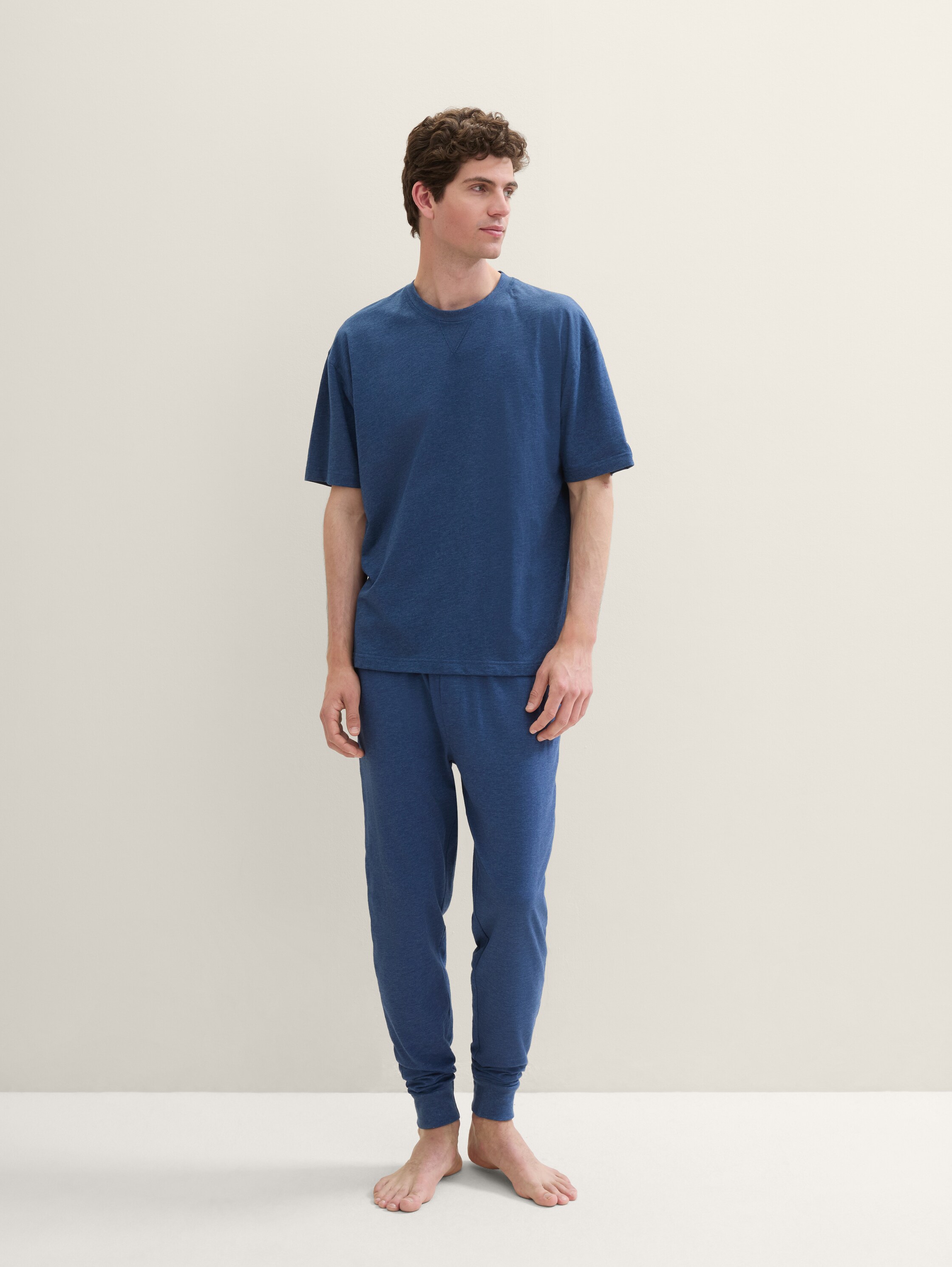 T-shirt en coton à l'aspect mélangé - bleu - Vue de face du modèle