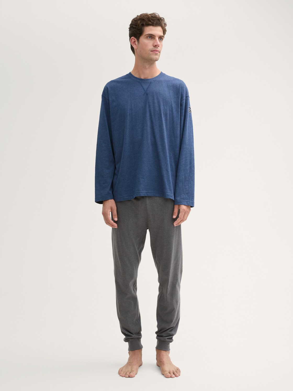 Pyjama Langarmshirt in Melange-Optik - blue-dark-solid