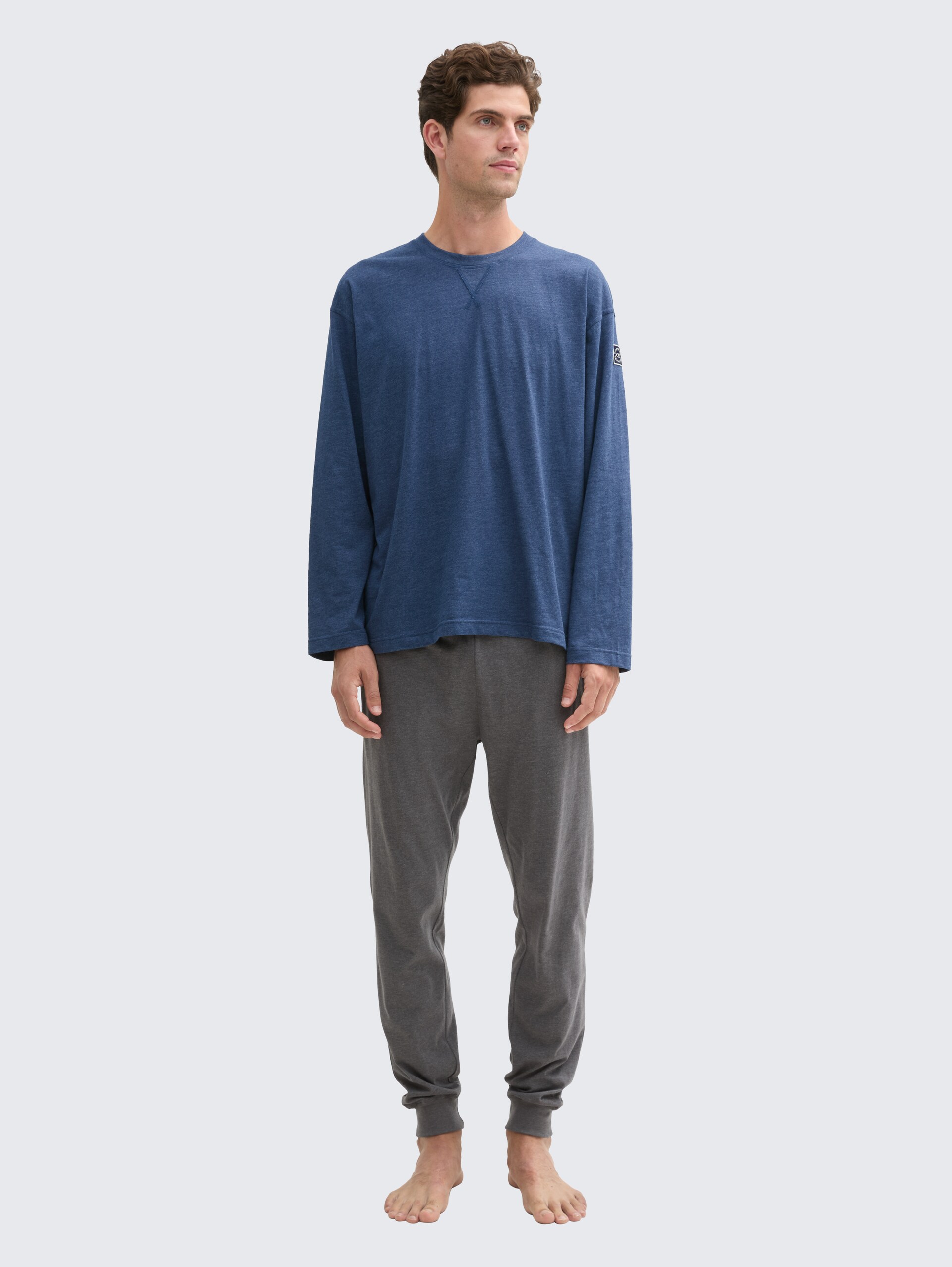 Pyjama Langarmshirt in Melange-Optik - blue-dark-solid