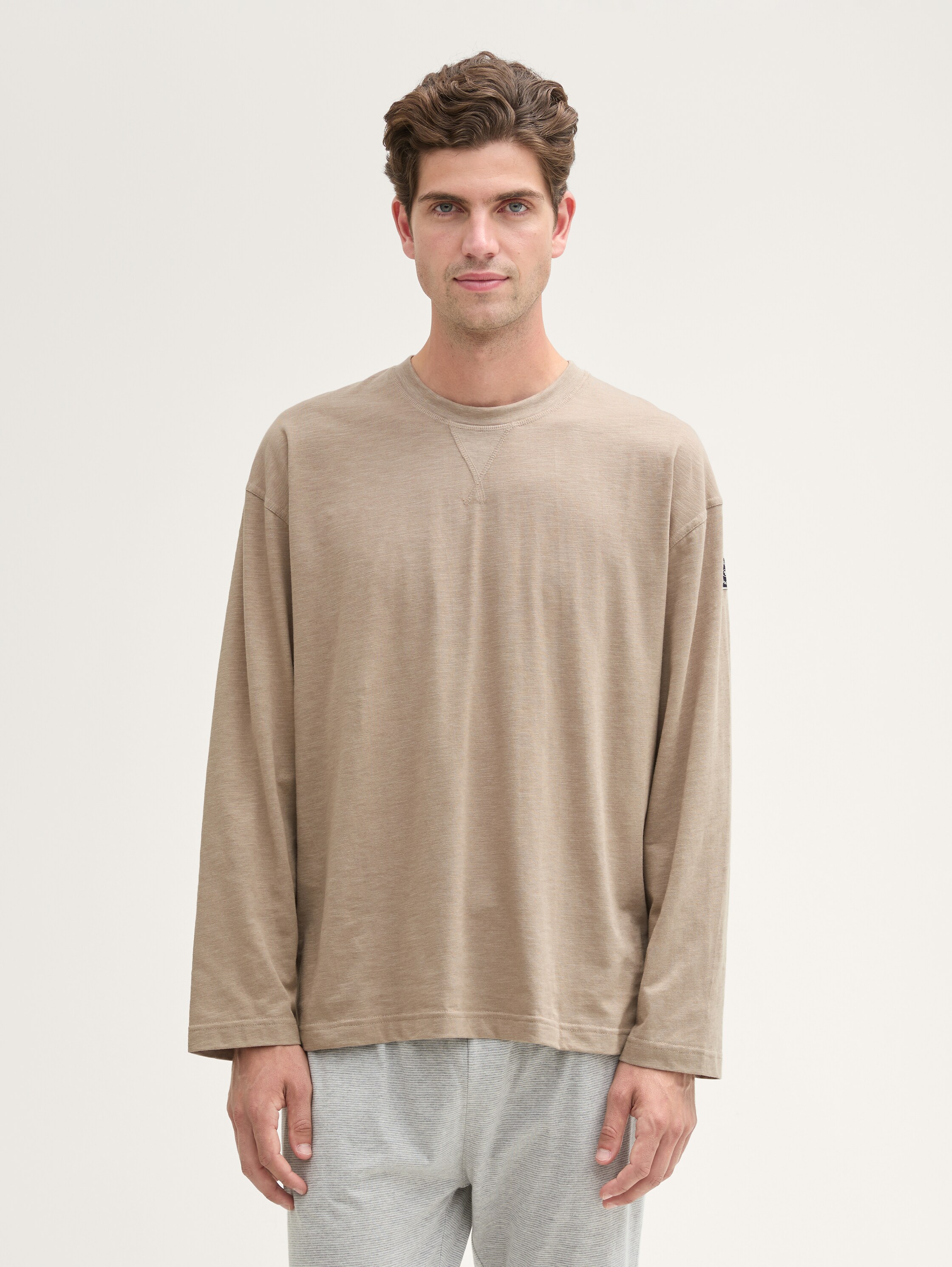 Pyjama Langarmshirt in Melange-Optik - greymediummelange - 