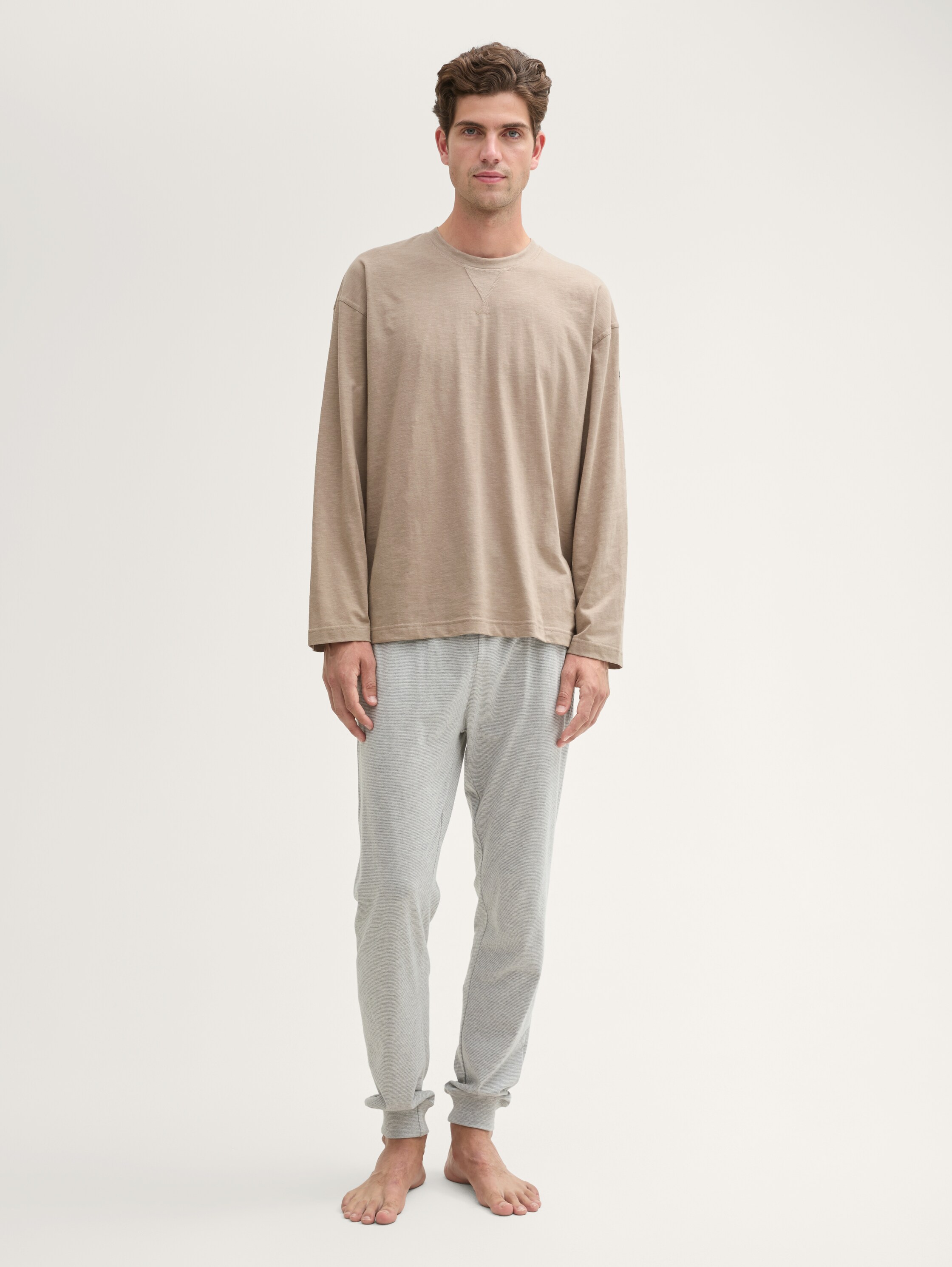 Pyjama Langarmshirt in Melange-Optik - greymediummelange - 