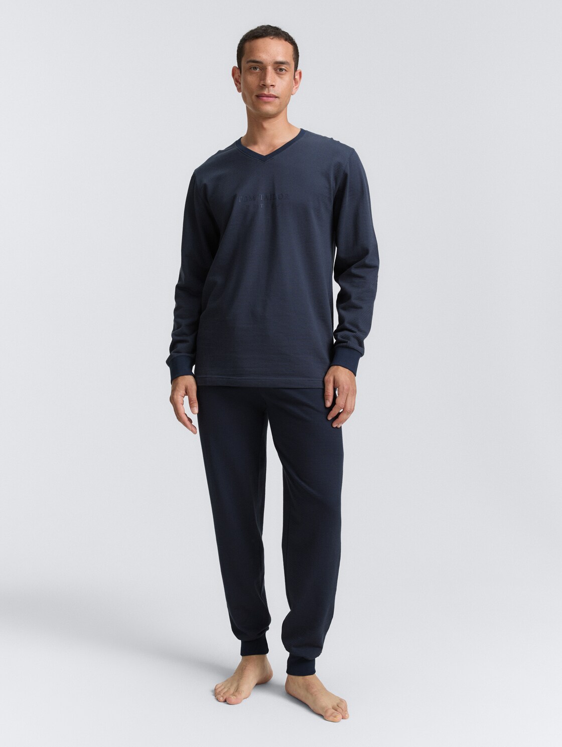 Ripp Pyjama-Set - blue-dark-solid - Model-Vorderansicht