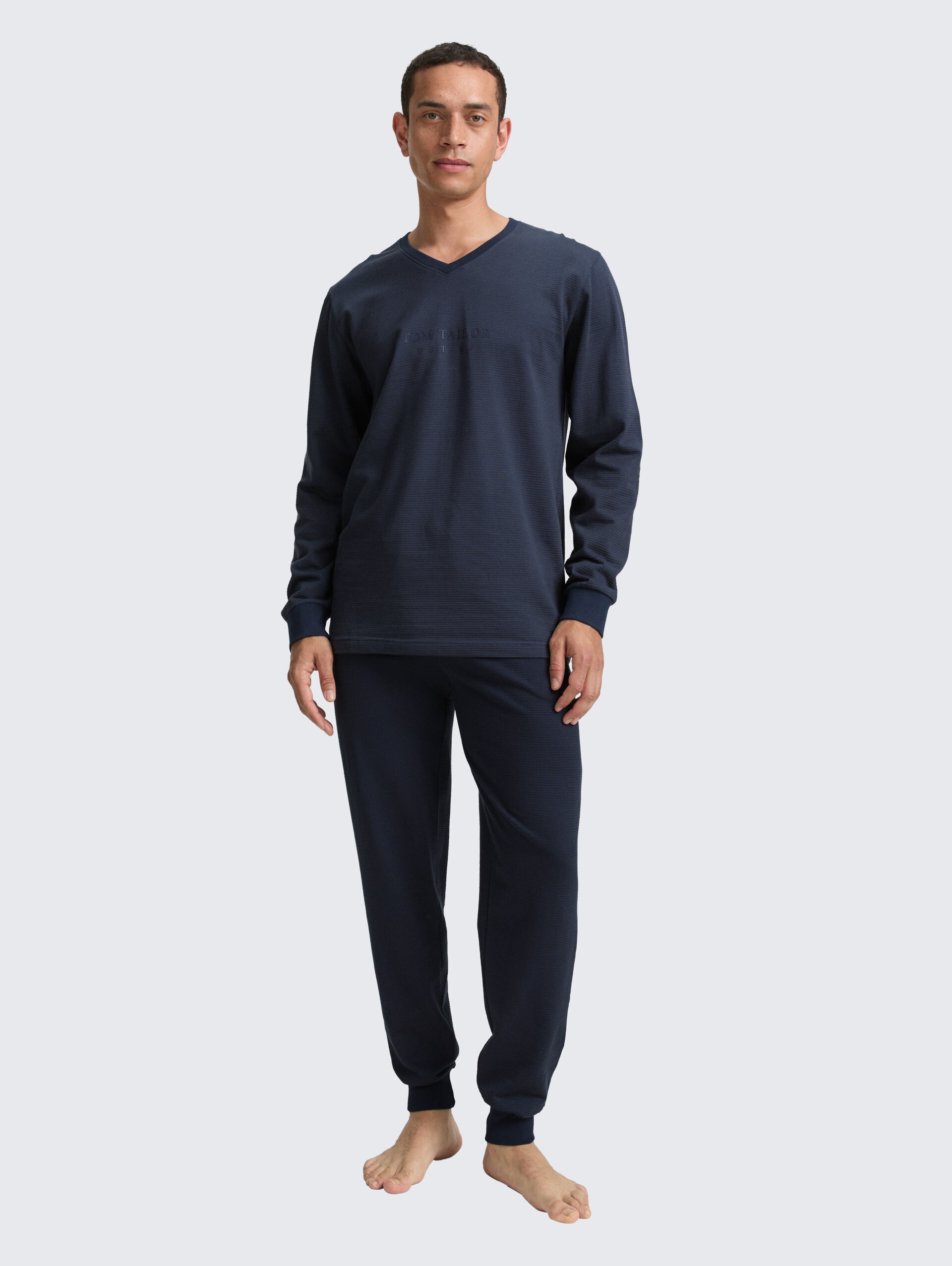 Ripp Pyjama-Set - blue-dark-solid - Model-Vorderansicht