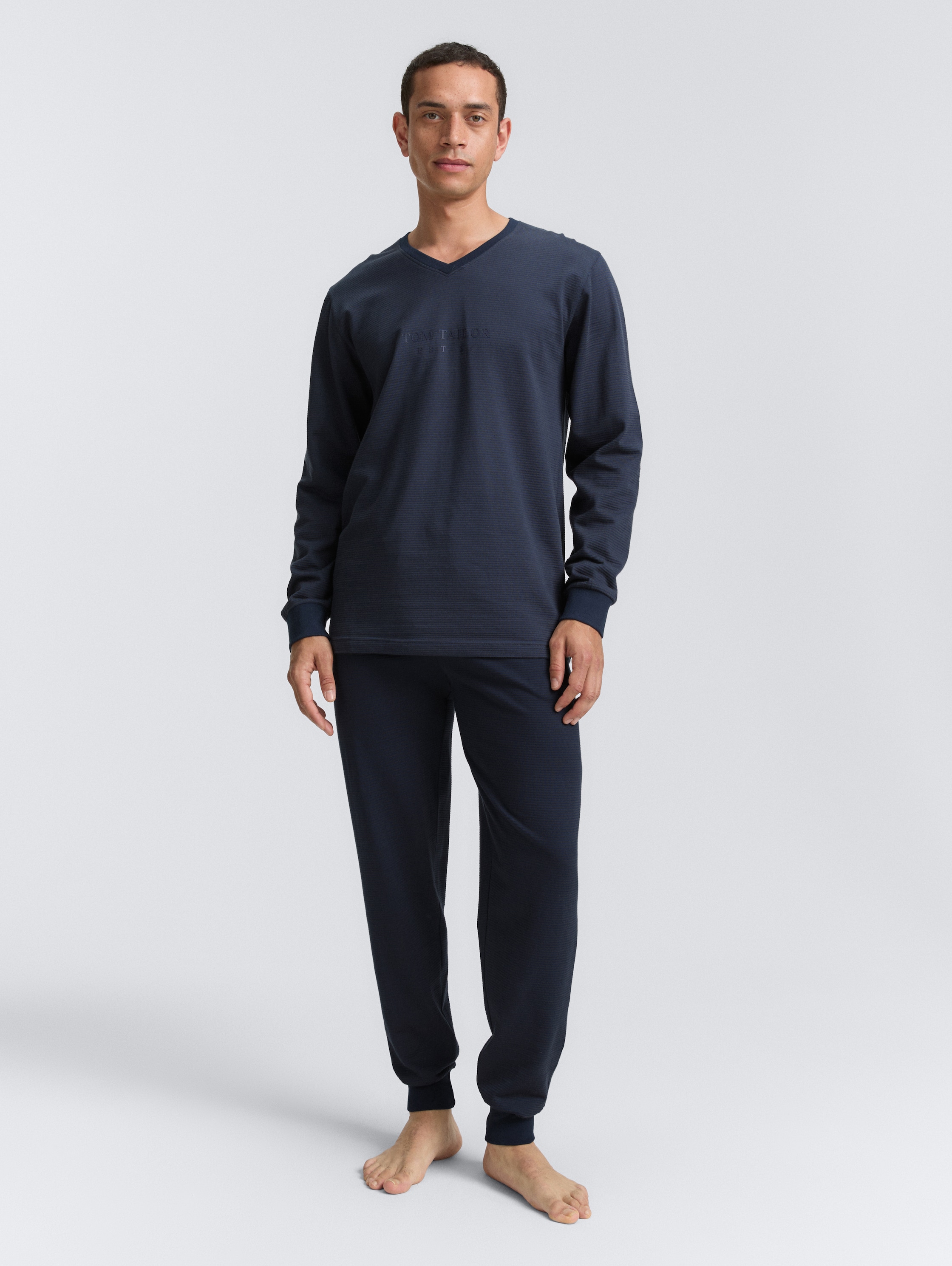 Ripp Pyjama-Set - blue-dark-solid - Model-Vorderansicht
