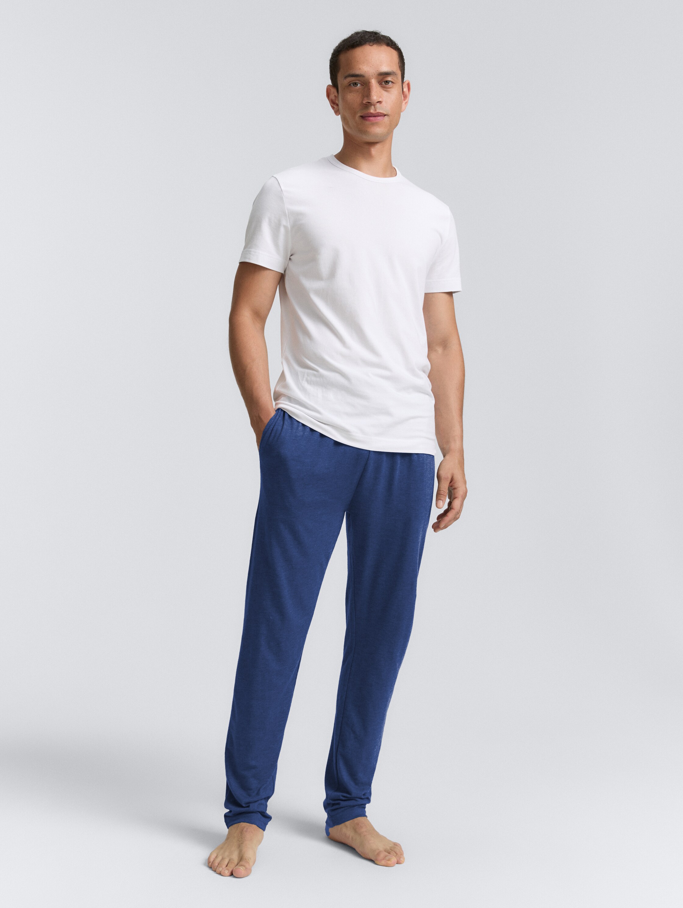 Pyjama trousers in a melange look - blue-medium-solid