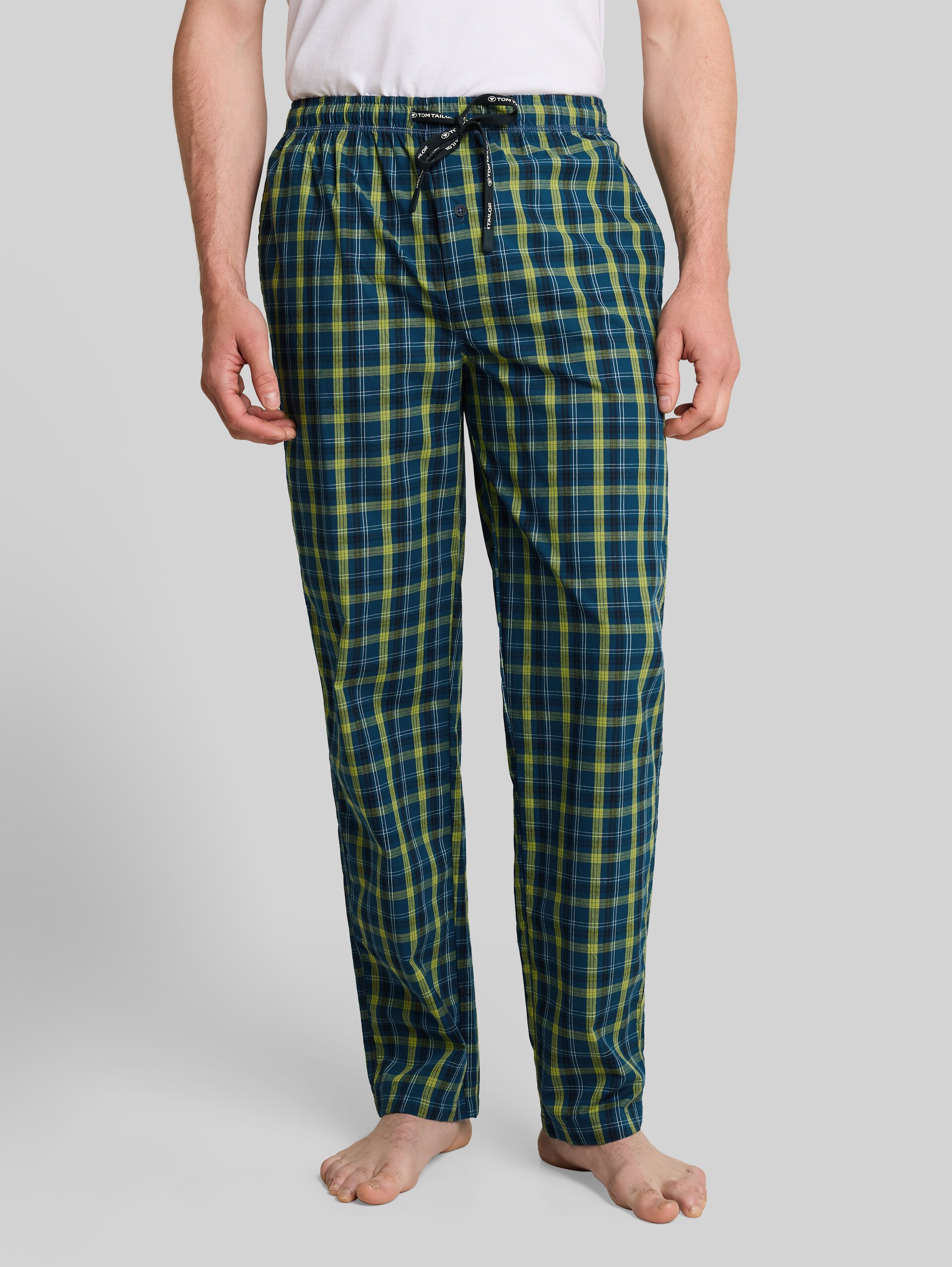 Pyjama-broek van katoen - blue-medium-check - Nek model vooraanzicht