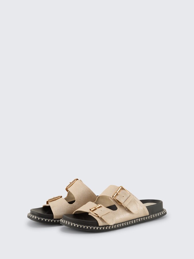 Flat sandals with gold accent by Women, gold