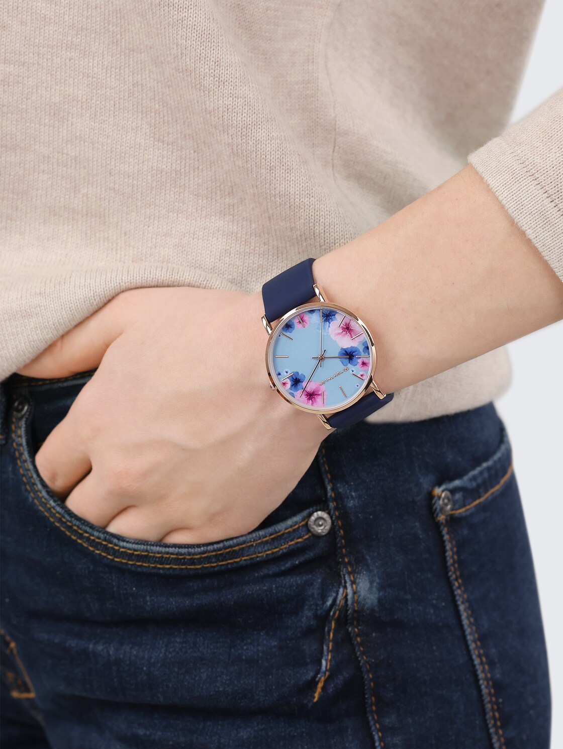 Rose gold flower wristwatch, blue dial with 36 mm - rose gold