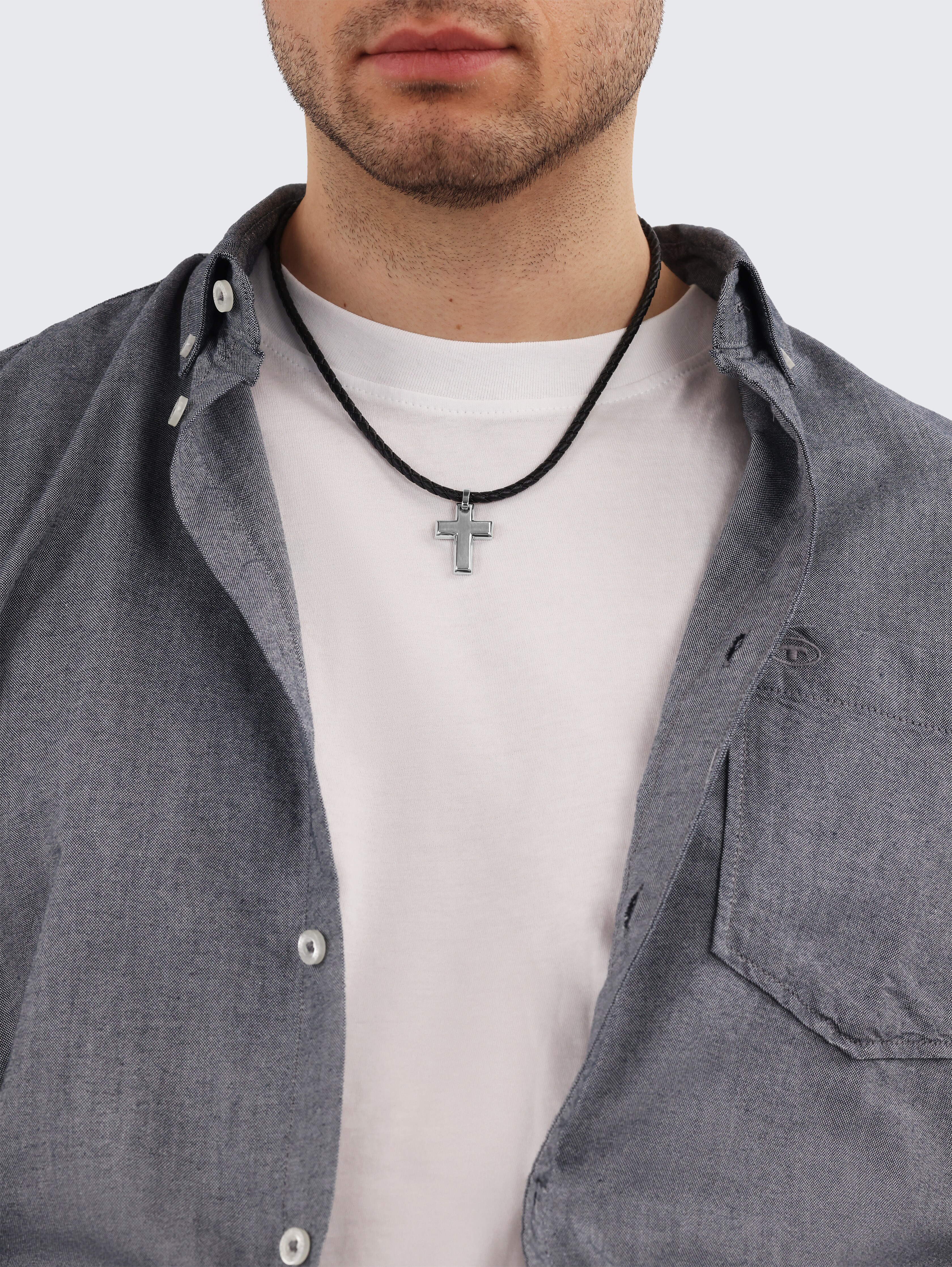 Halskette mit Kreuz Anhänger aus Edelstahl silber von Men, silver